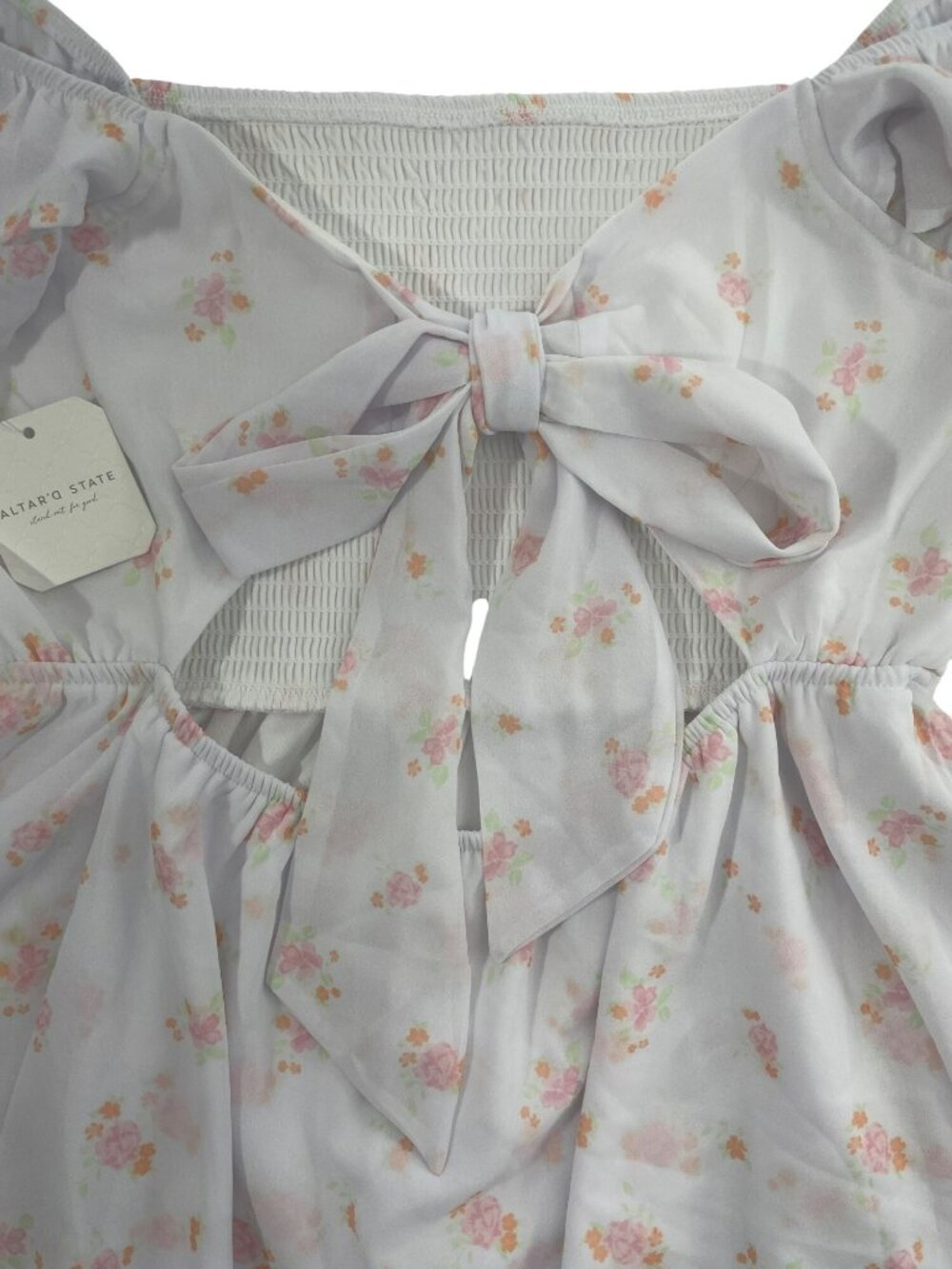 Altar'd State Smocked Dress Floral Ivory & Pink Off-Shoulder Bow Detail Sz L NEW - Picture 4 of 9